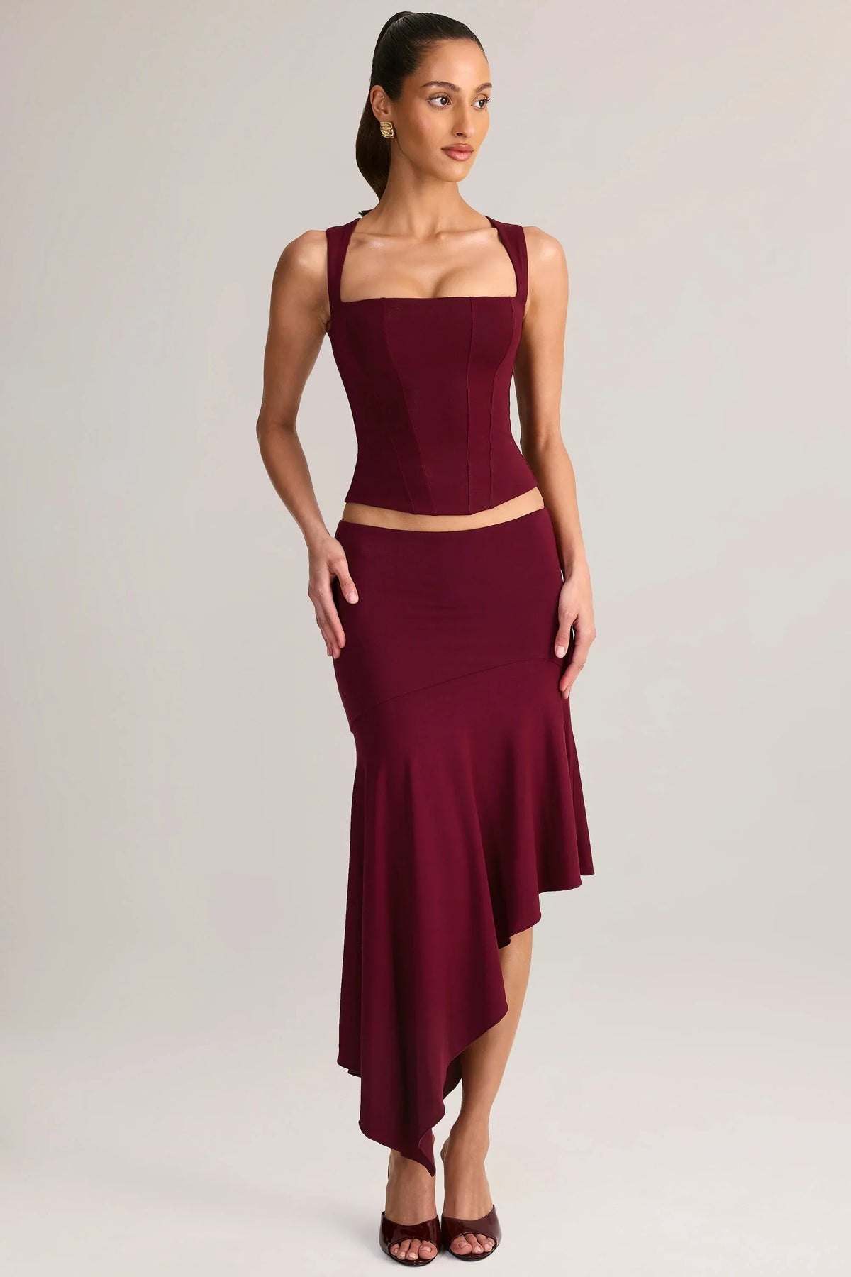 Modal Low Rise Asymmetric Midaxi Skirt in Wine