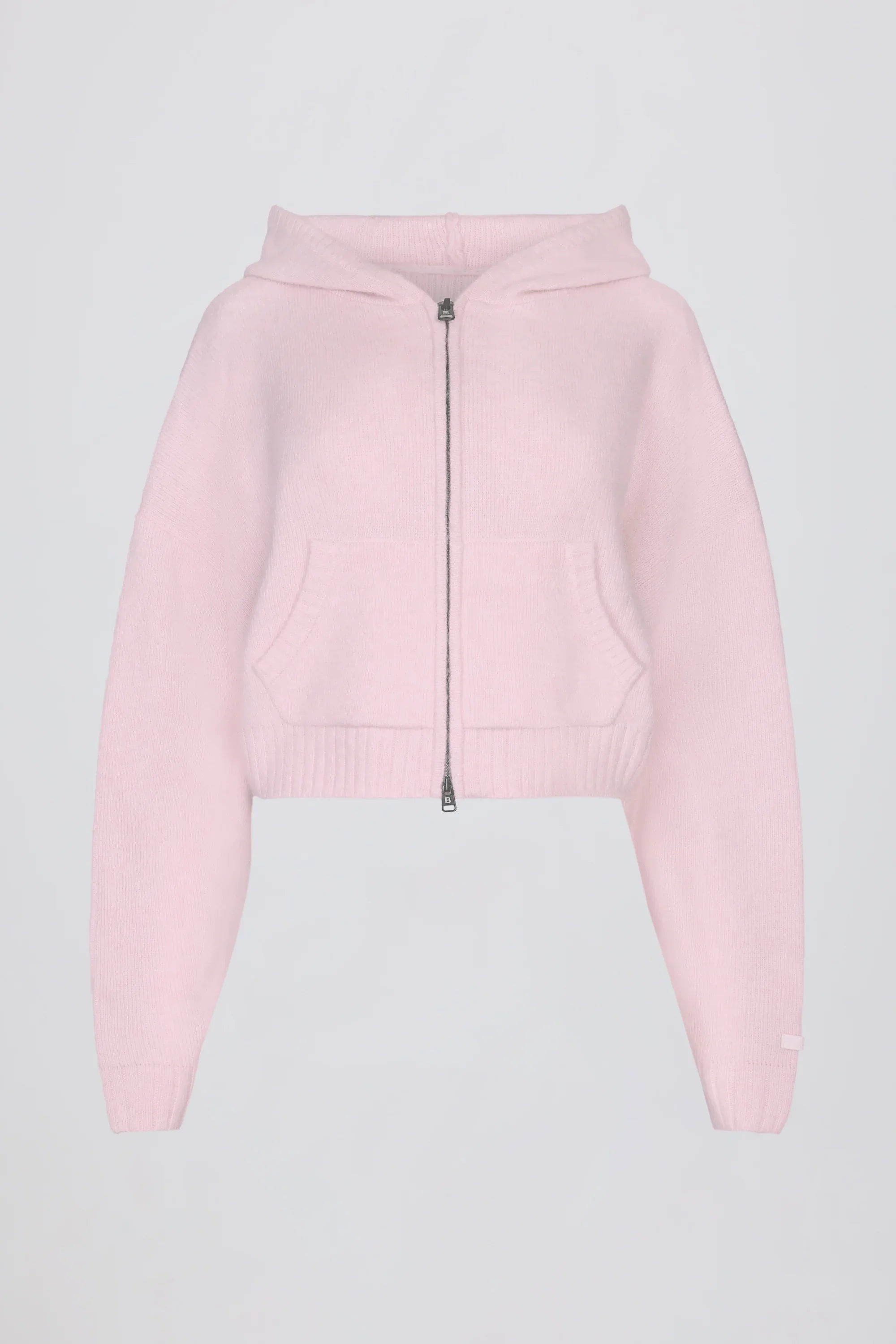 Soft Knit Zip Up Cropped Hoodie in Soft Pink