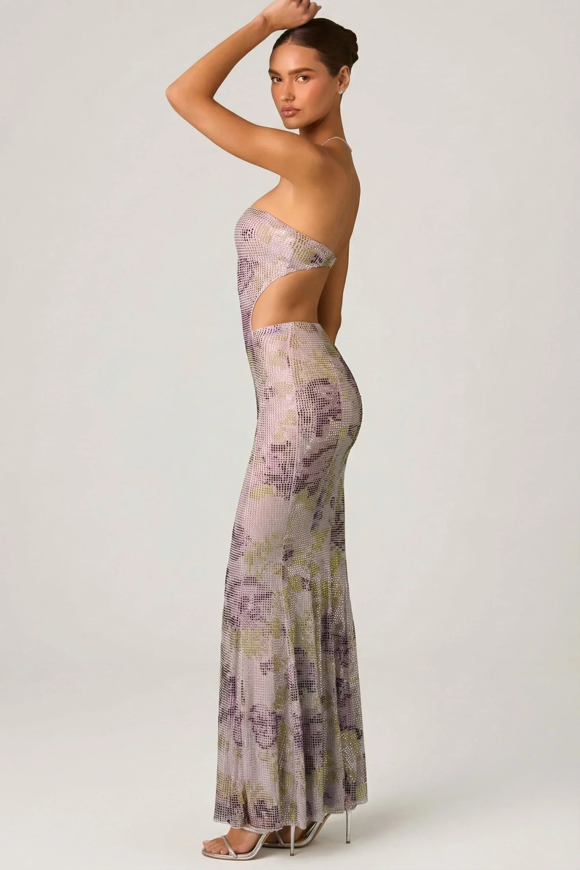 Embellished Cut Out Fishtail Maxi Dress in Lilac