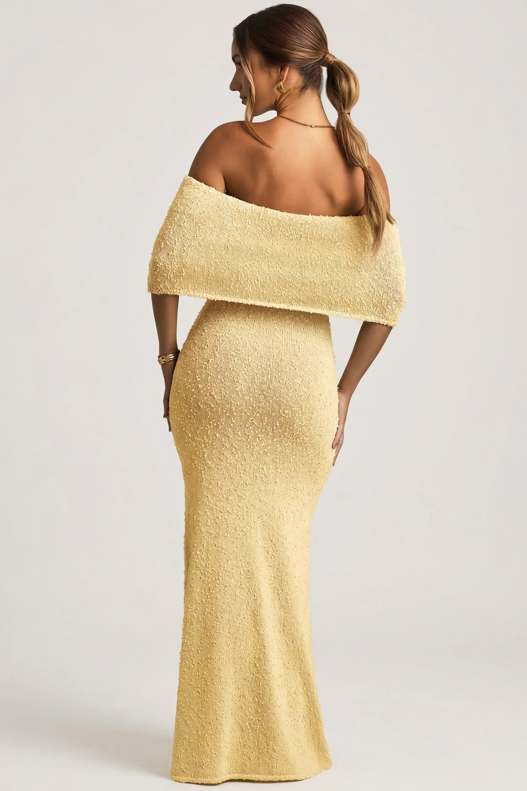 Bouclé Off Shoulder Maxi Dress in Yellow