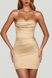 Satin Scalloped Bandeau Ruched Mini Dress in Champagne