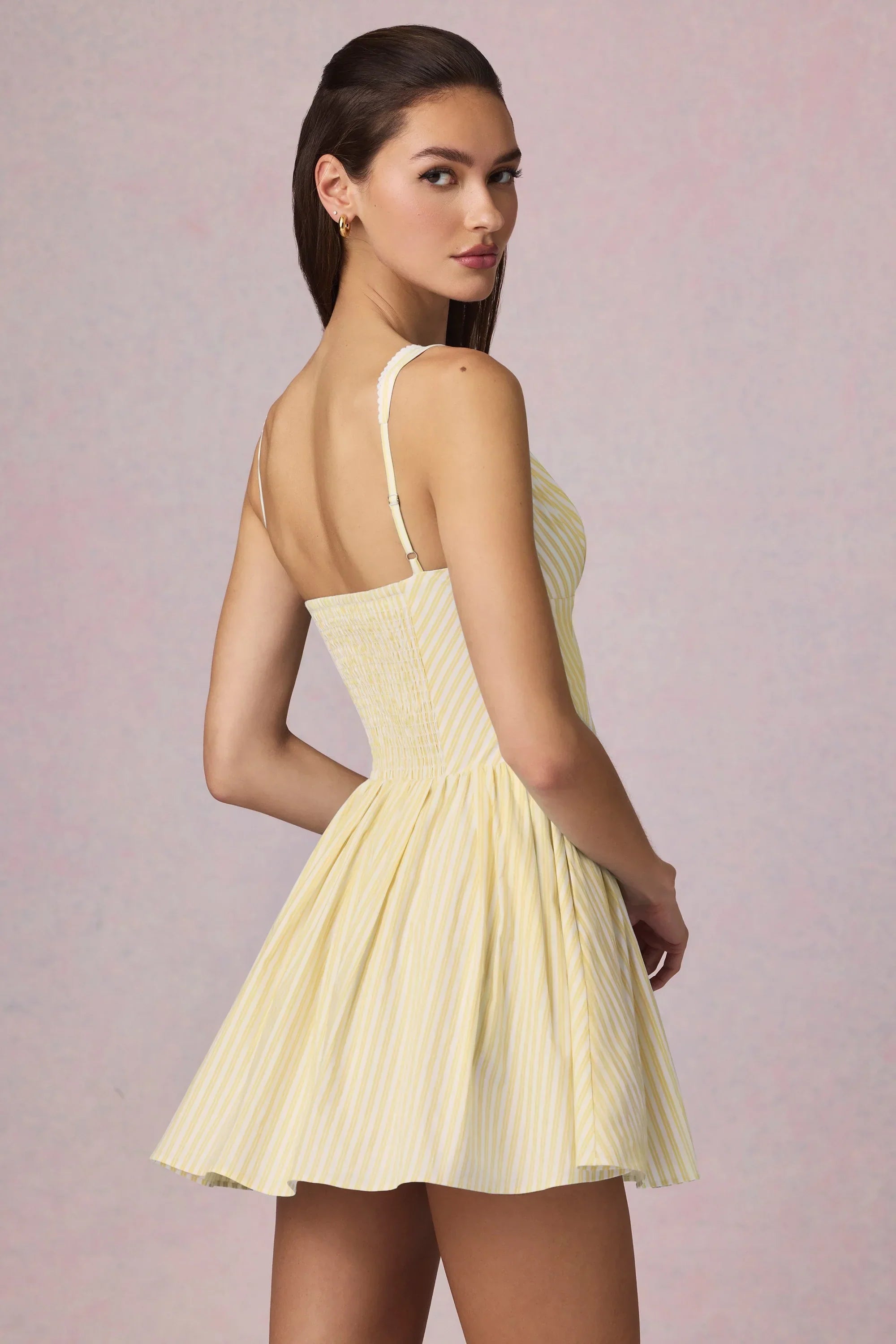 Bow Detail A Line Mini Dress in Lemon Yellow Stripe
