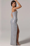 Embellished Bandeau Cowl Waist Maxi Dress in Silver
