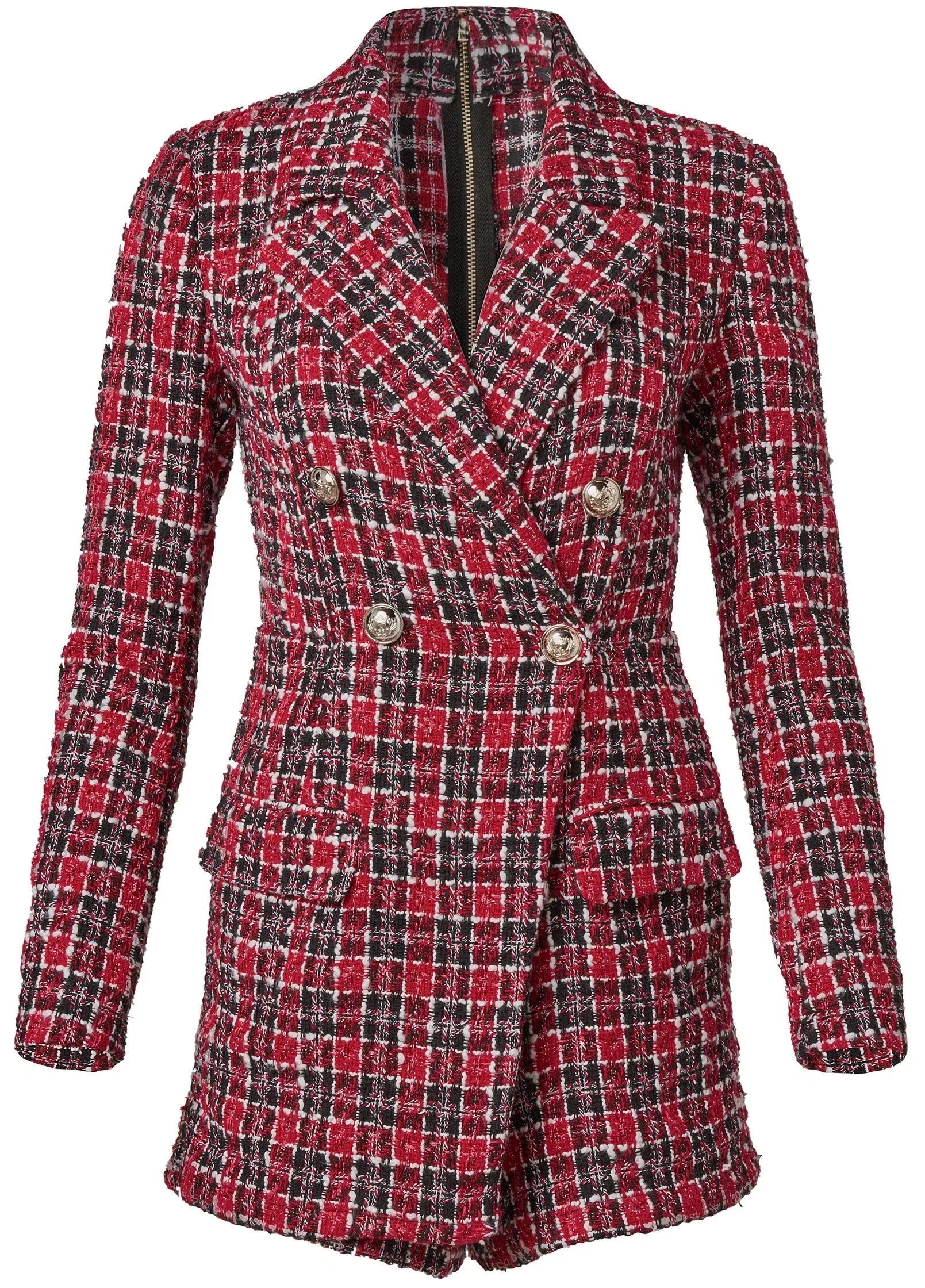 Tweed Button Detail Romper Red Black