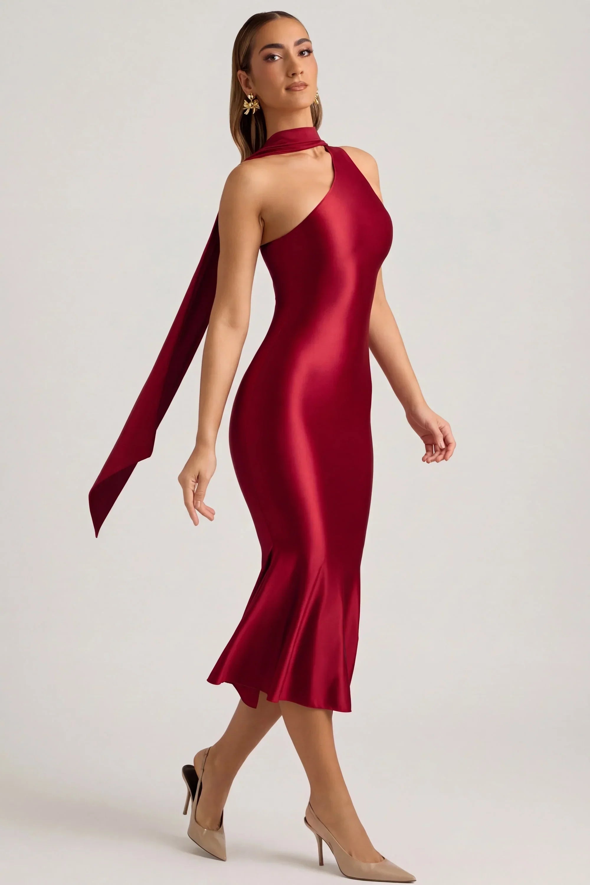 Asymmetric Scarf Detail Midaxi Dress in True Red