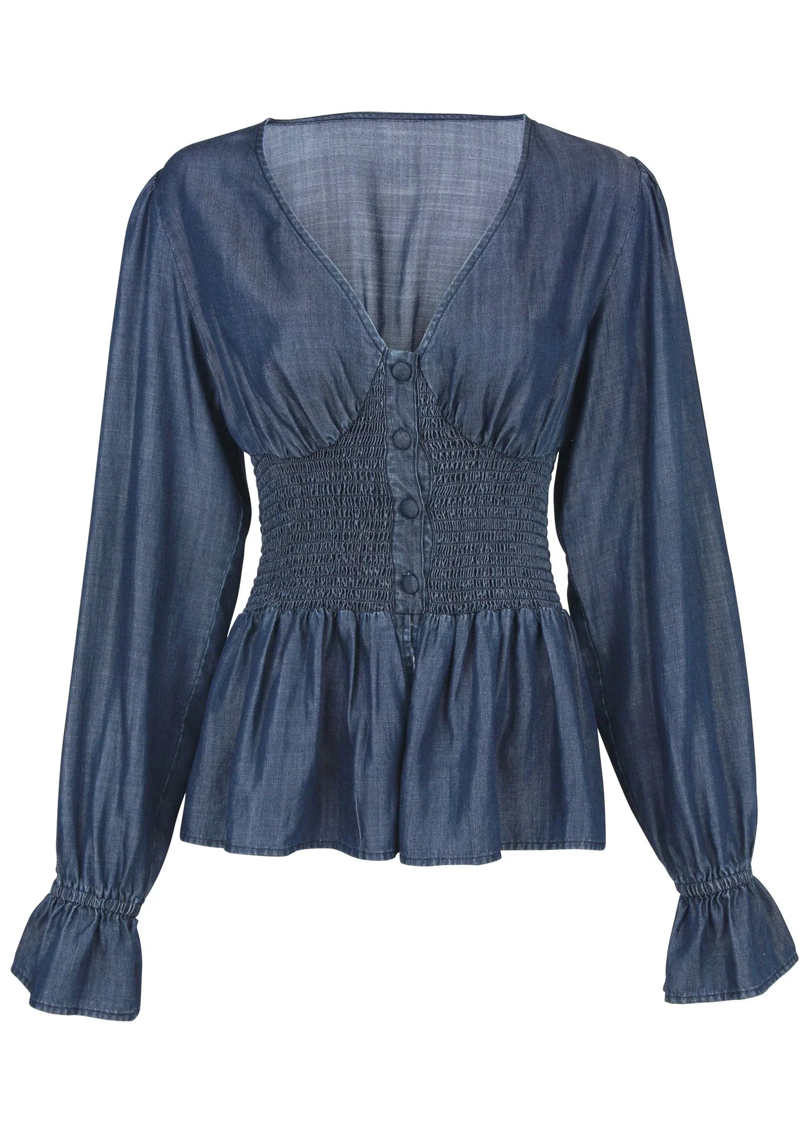 Chambray Smocked Top Dark Wash