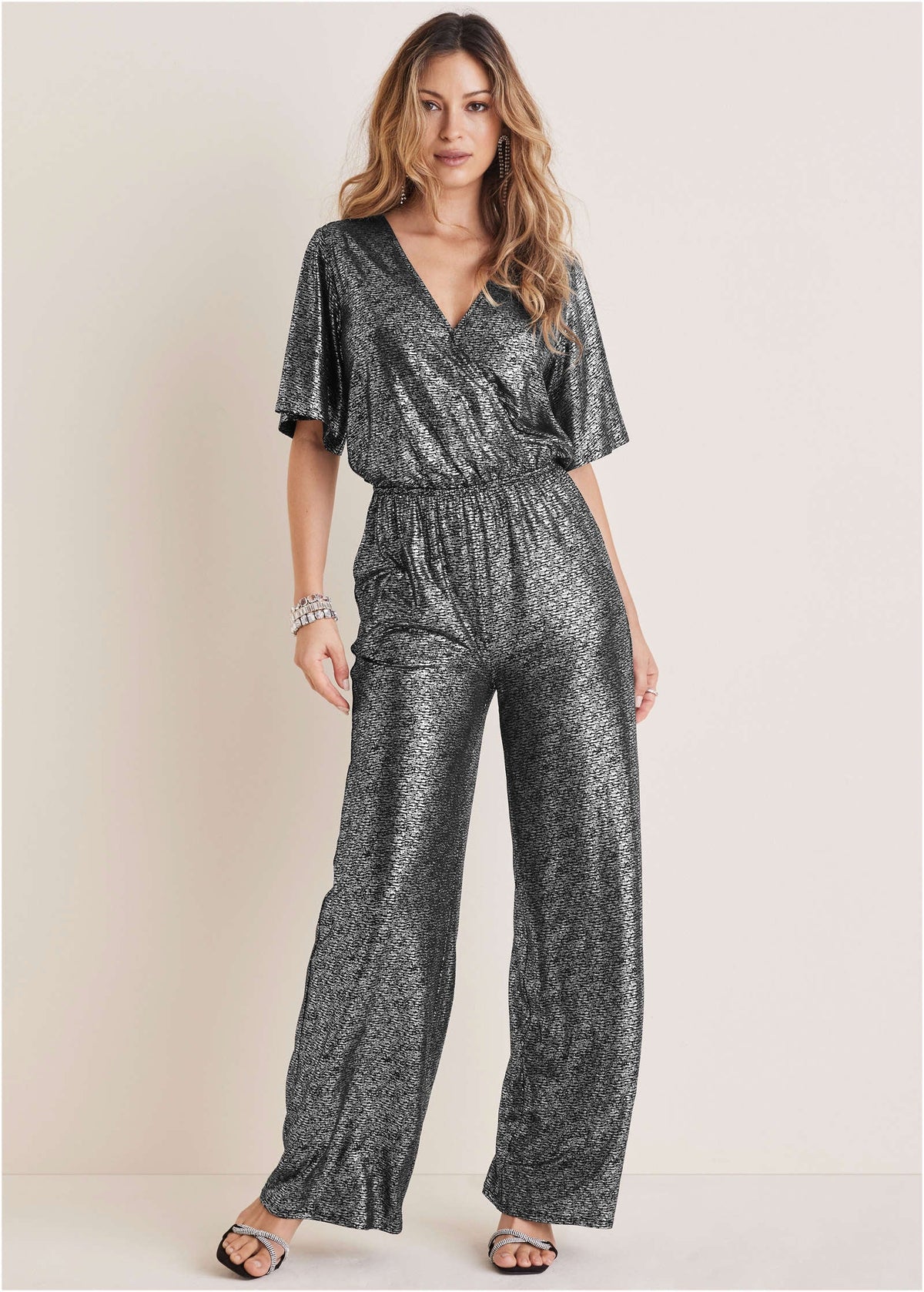 Metallic Flutter Sleeve Jumpsuit Silver
