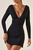 Modal Ruched Plunge A Line Mini Dress in Black