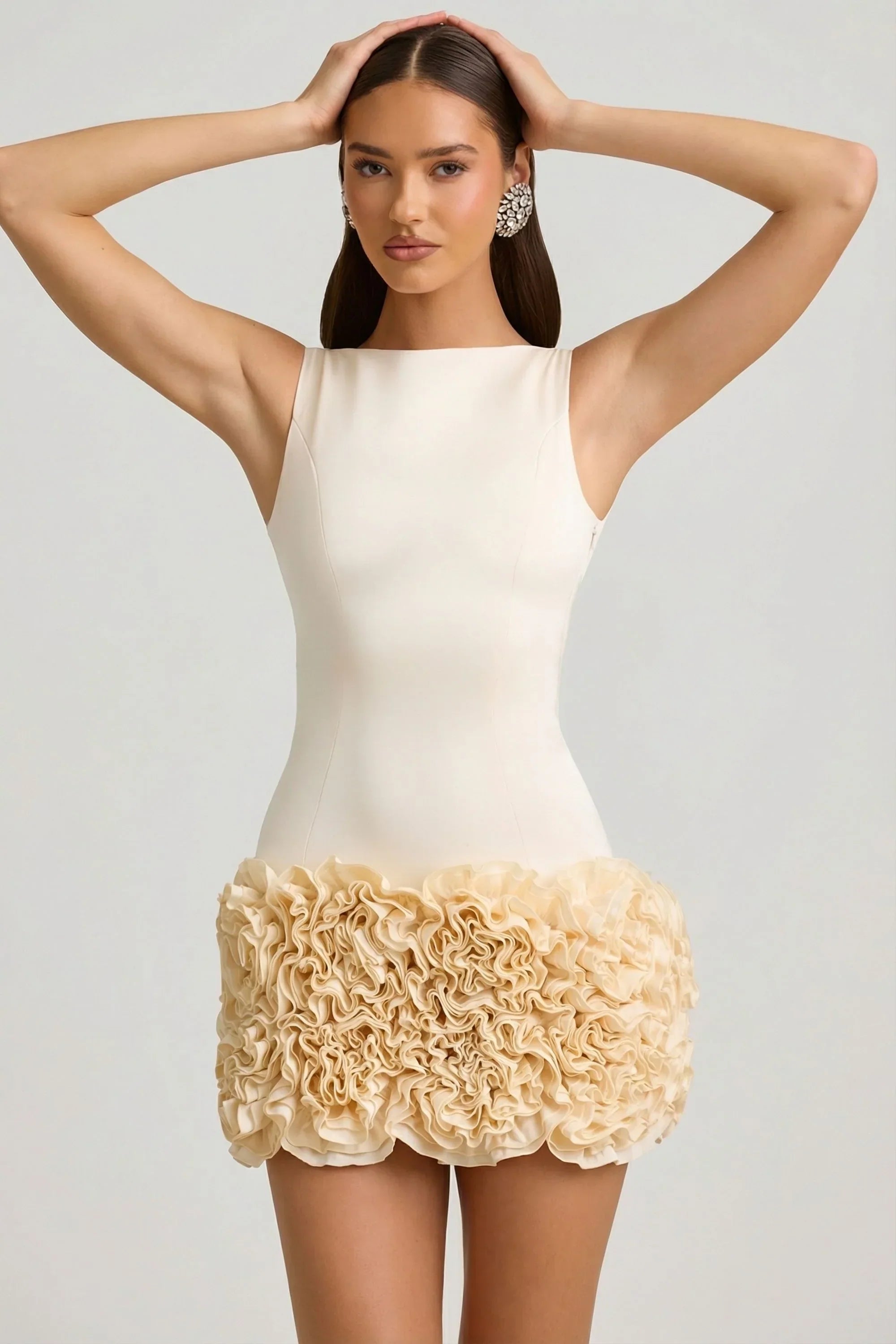 Satin Floral Appliqué Open Back Mini Dress in Ivory