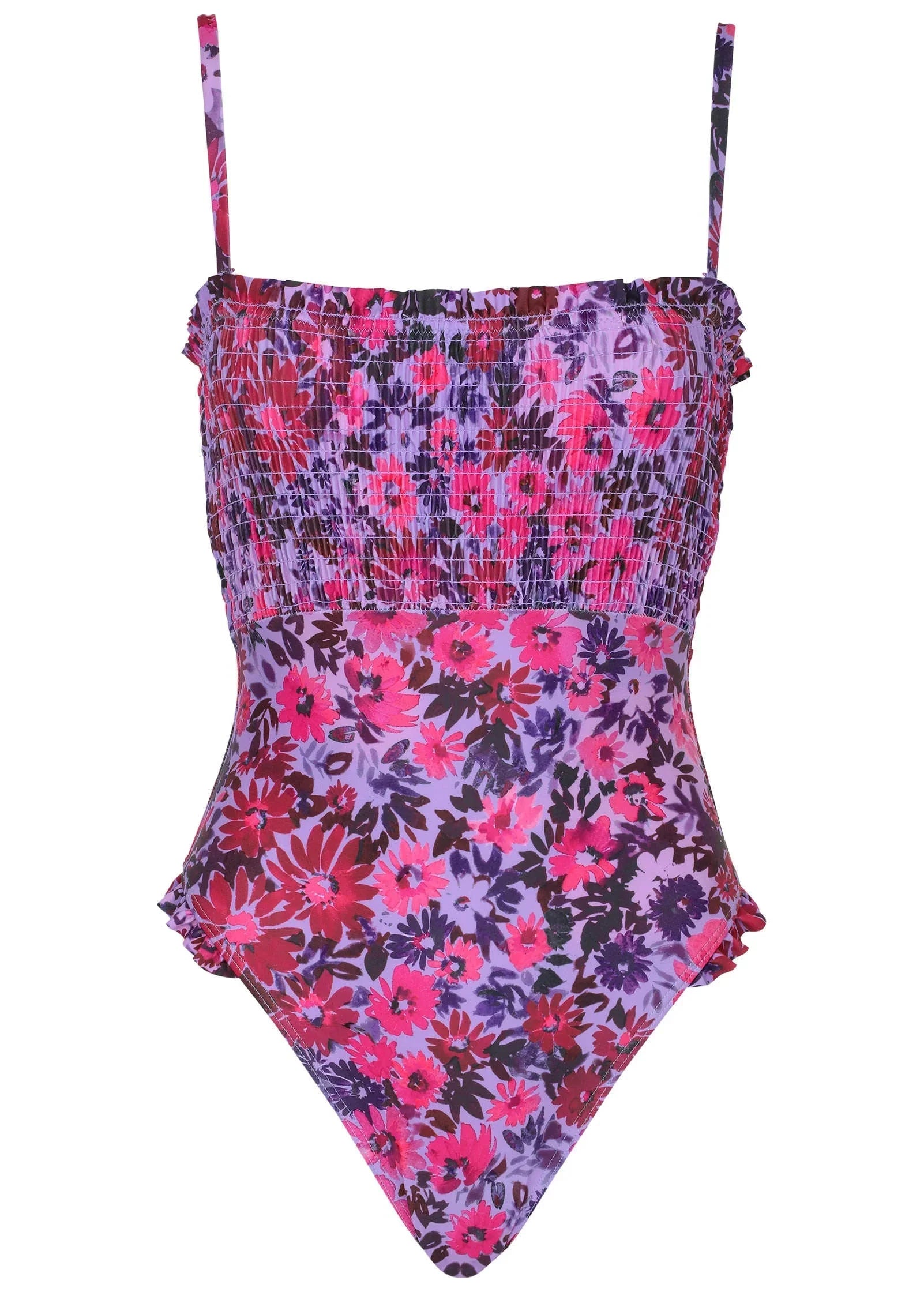Smocked One Piece Swimsuit Ditsy Pink Purple