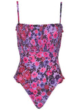 Smocked One Piece Swimsuit Ditsy Pink Purple