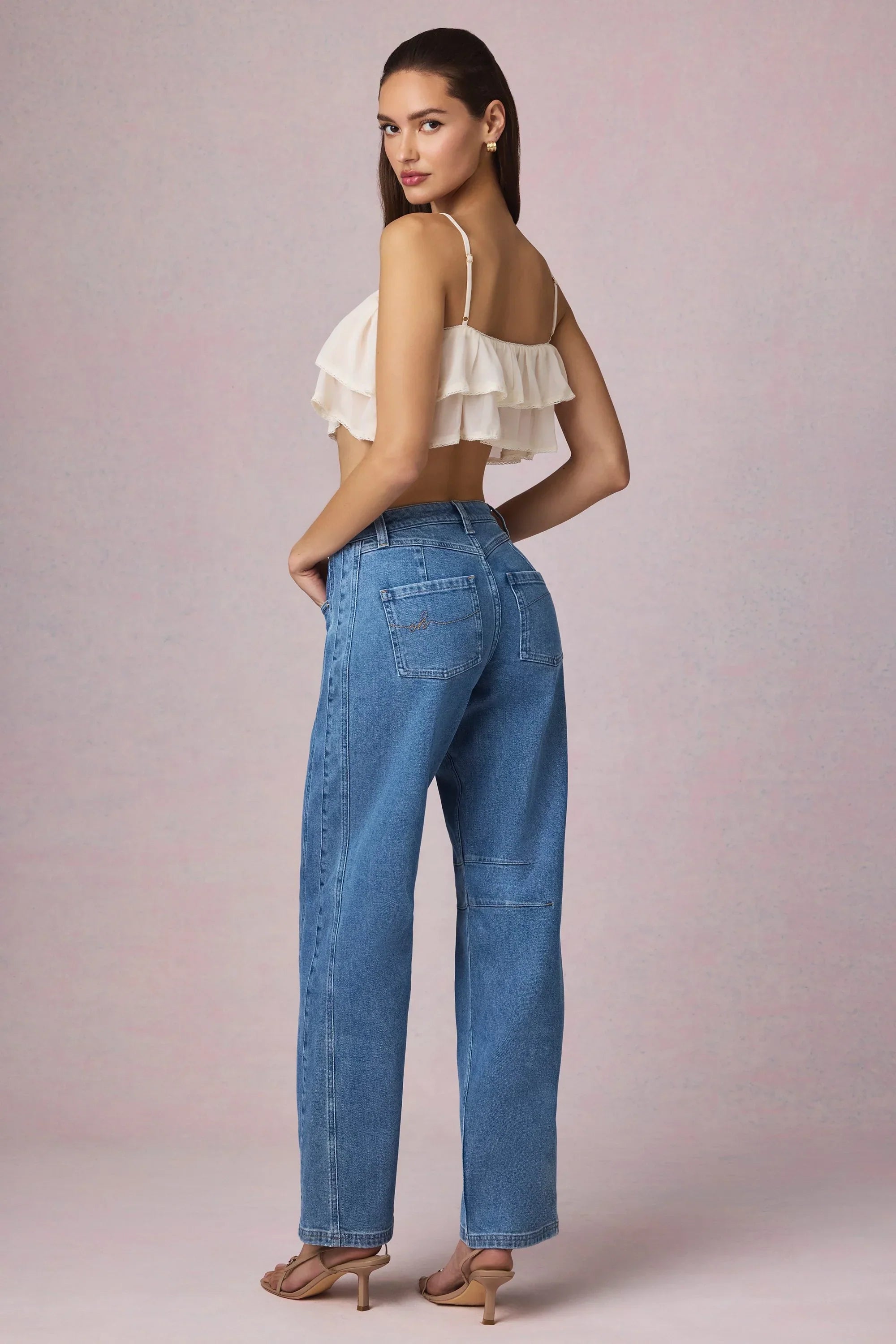 Mid Rise Barrel Leg Jeans in Mid Blue Wash