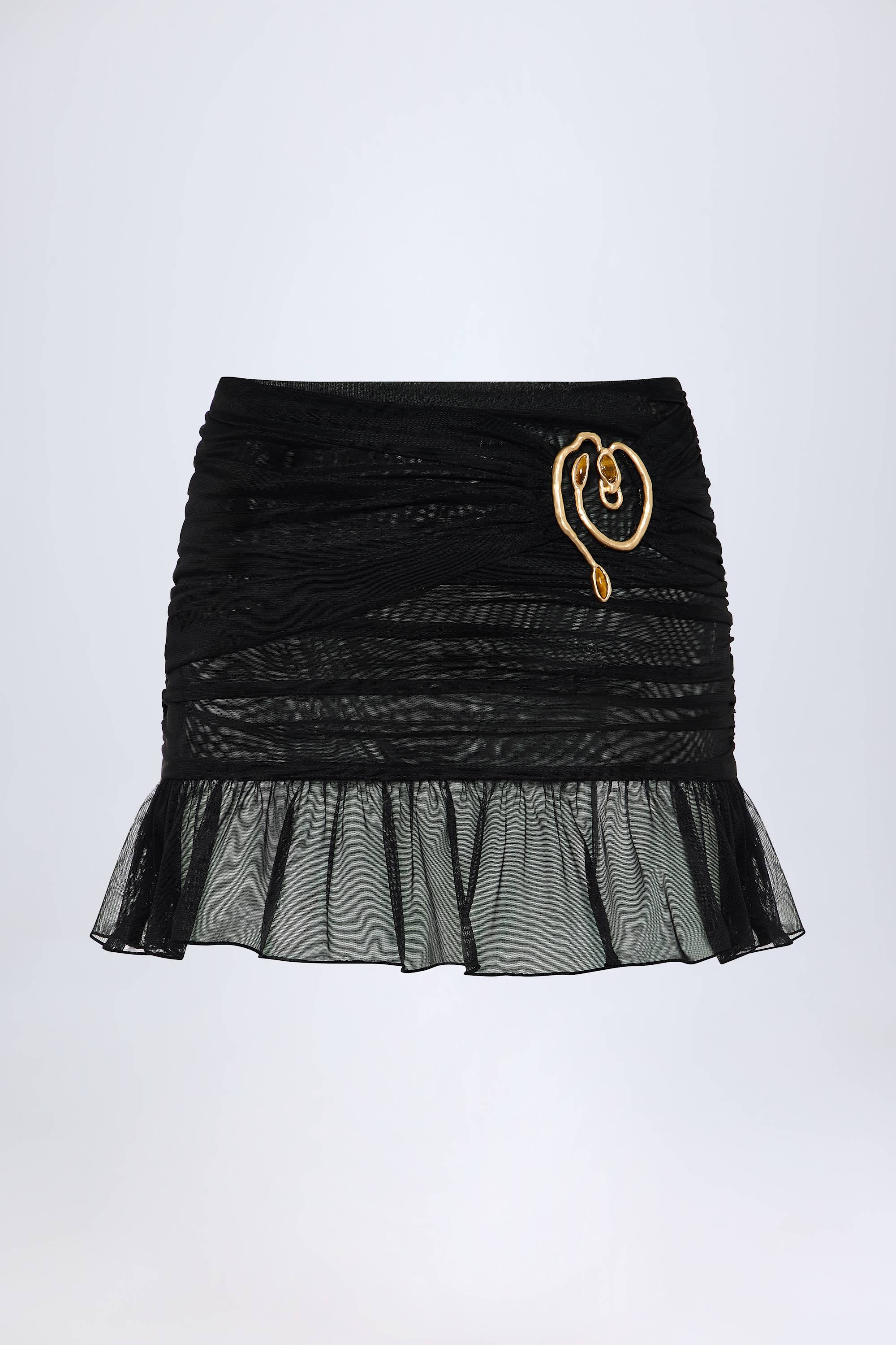 Hardware Detail Ruffled Mid Rise Mini Skirt in Black