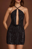 Embellished Halterneck Cowl A line Mini Dress in Black