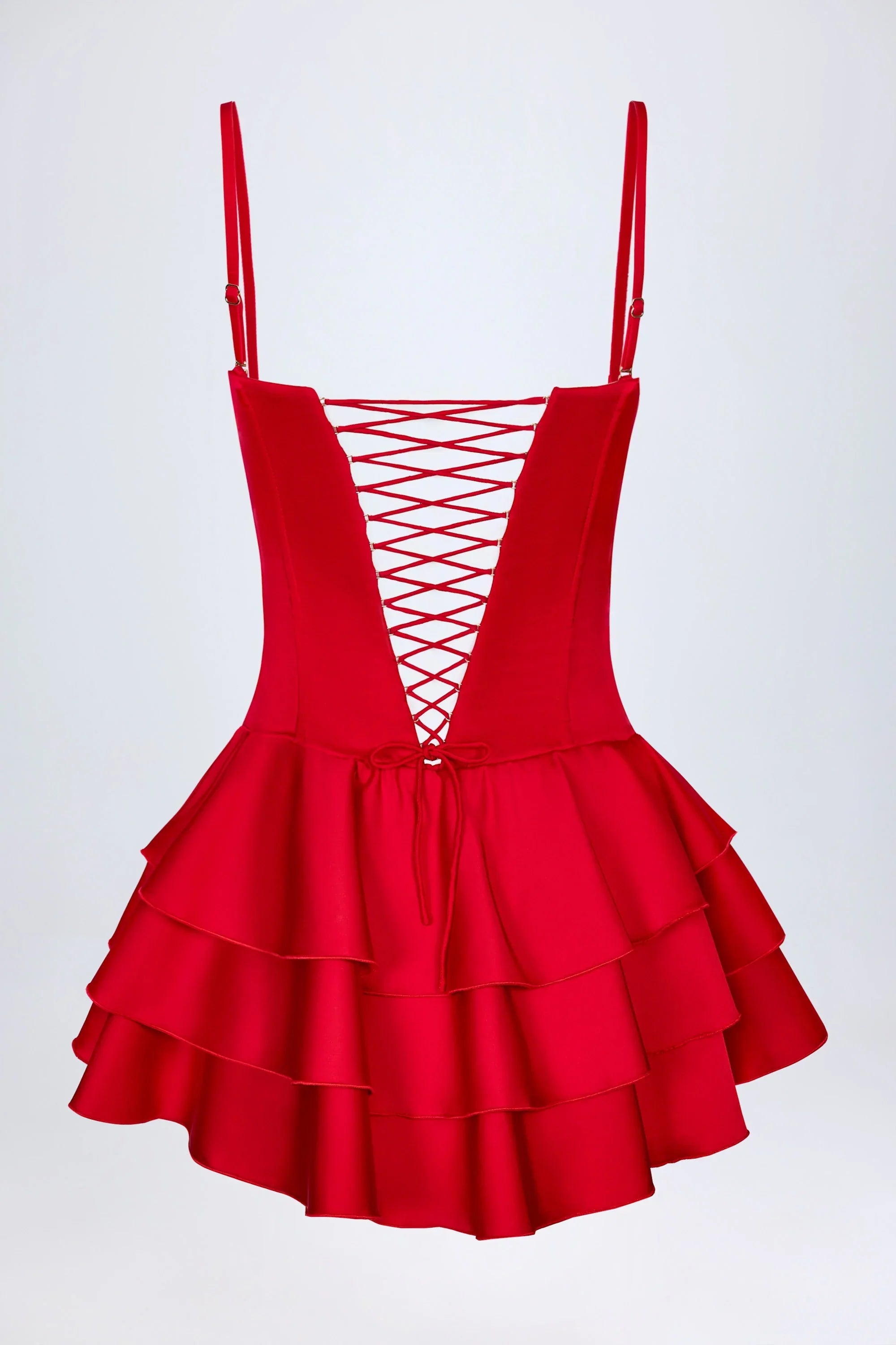 Ruffled Lace Up Corset Playsuit in Fire Red