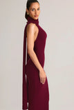 Rib Knit Scarf Detail Halterneck Maxi Dress in Wine