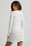 Ruffle Trim Pointelle Knit Mini Dress in White