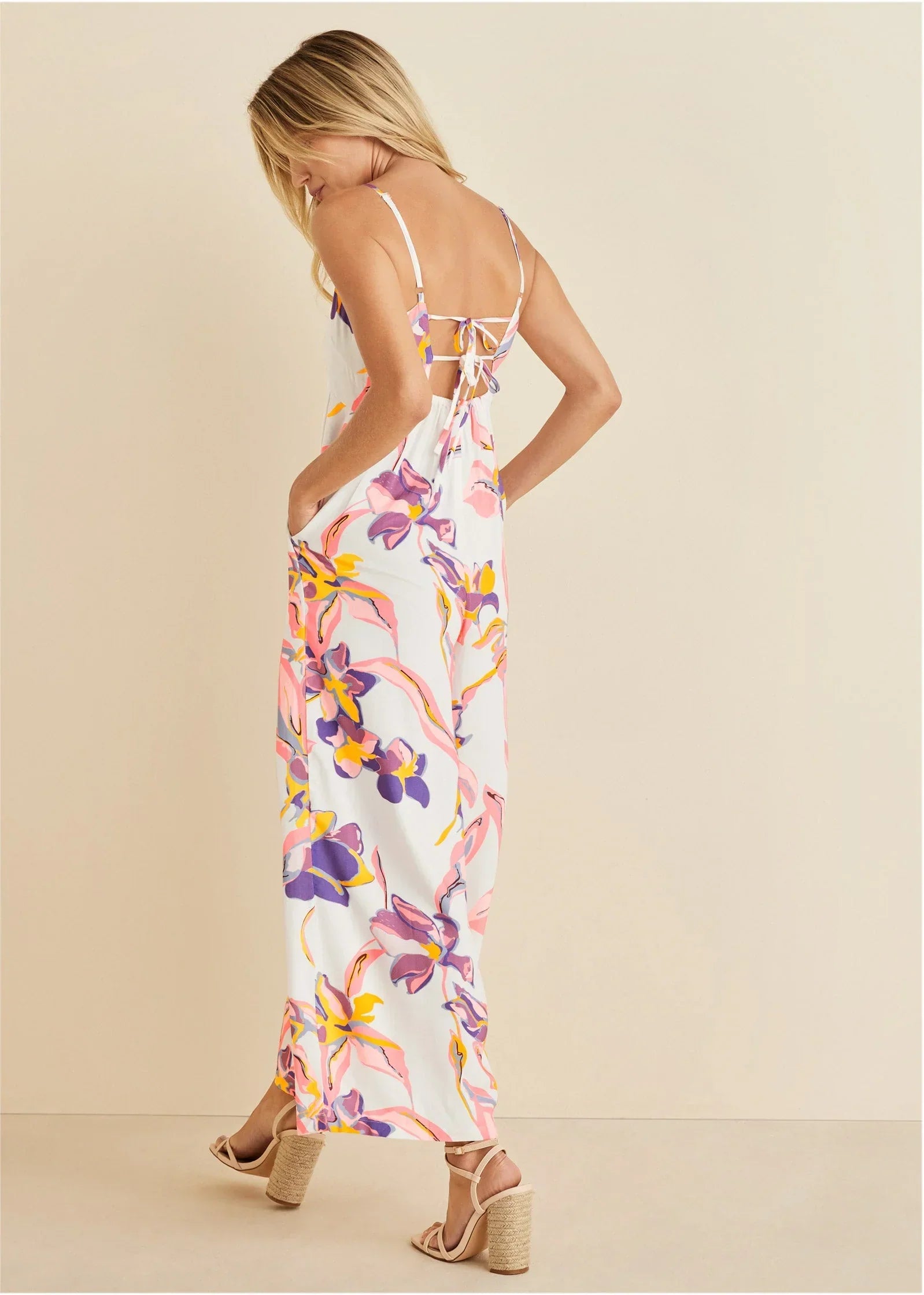 Square Neck Printed Jumpsuit White Multi