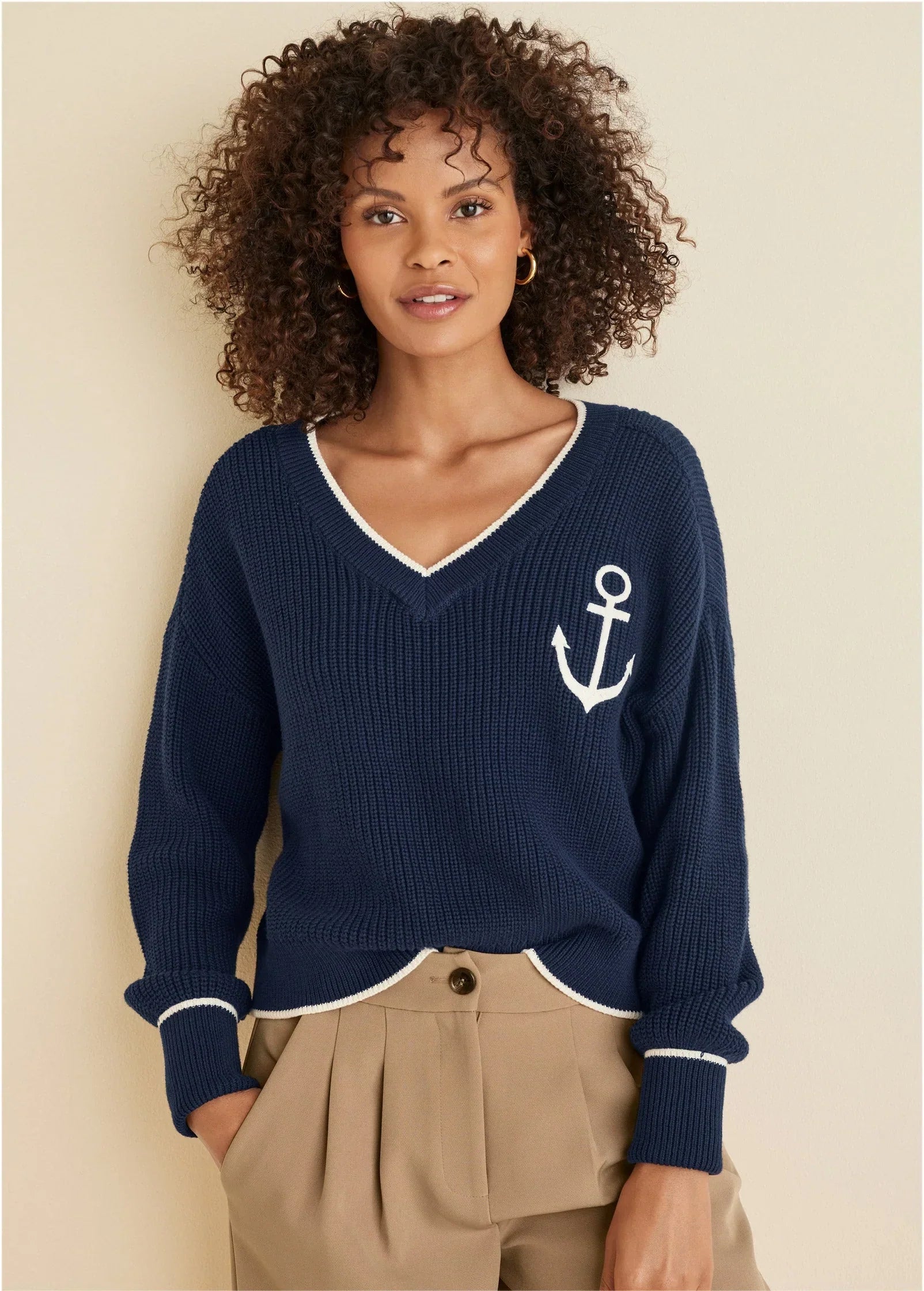 Anchor V Neck Sweater Navy White