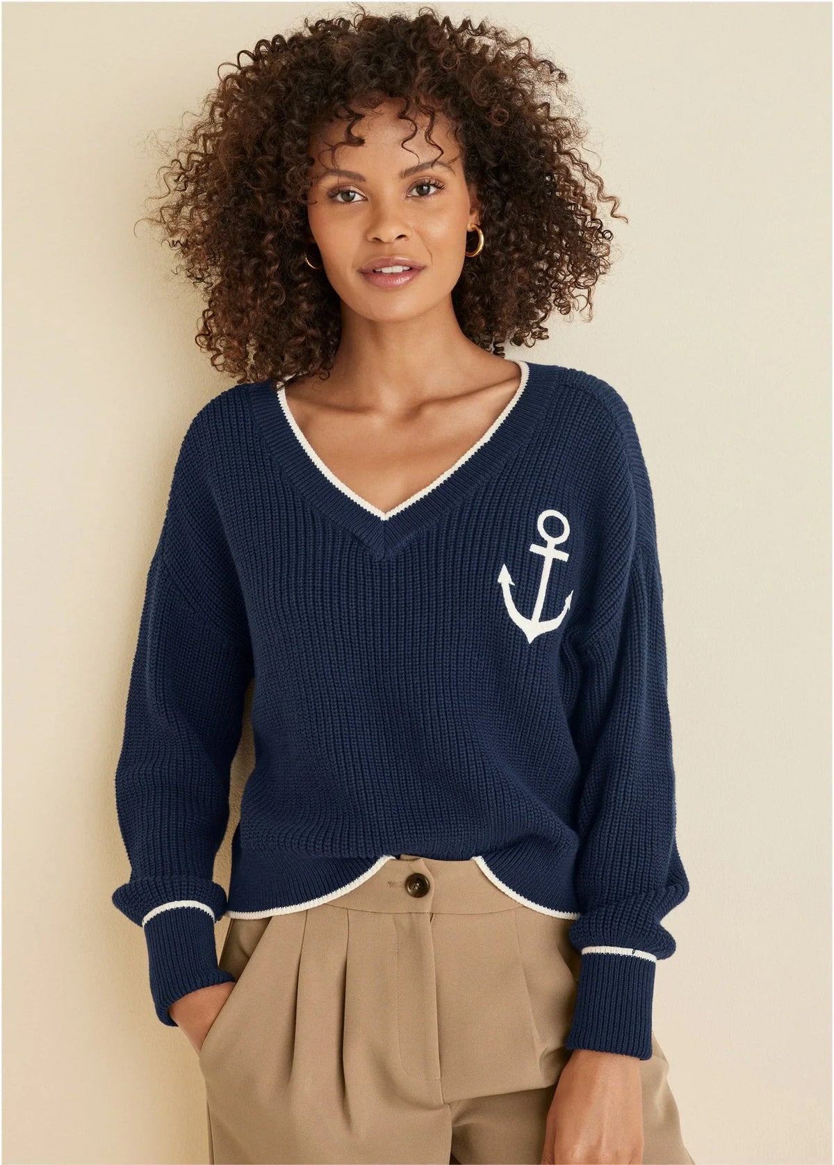 Anchor V Neck Sweater Navy White