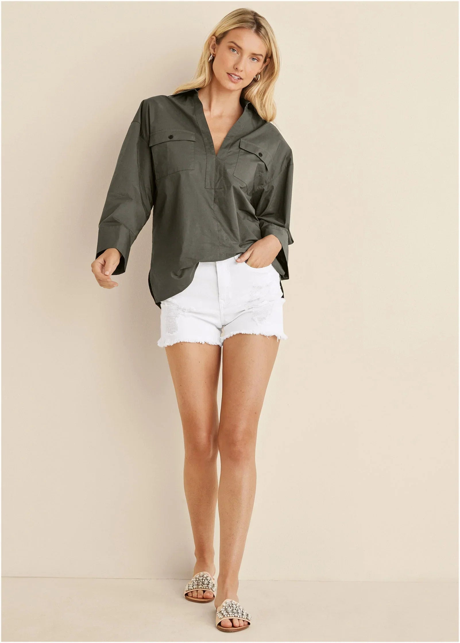 V Neck Oversized Shirt Olive