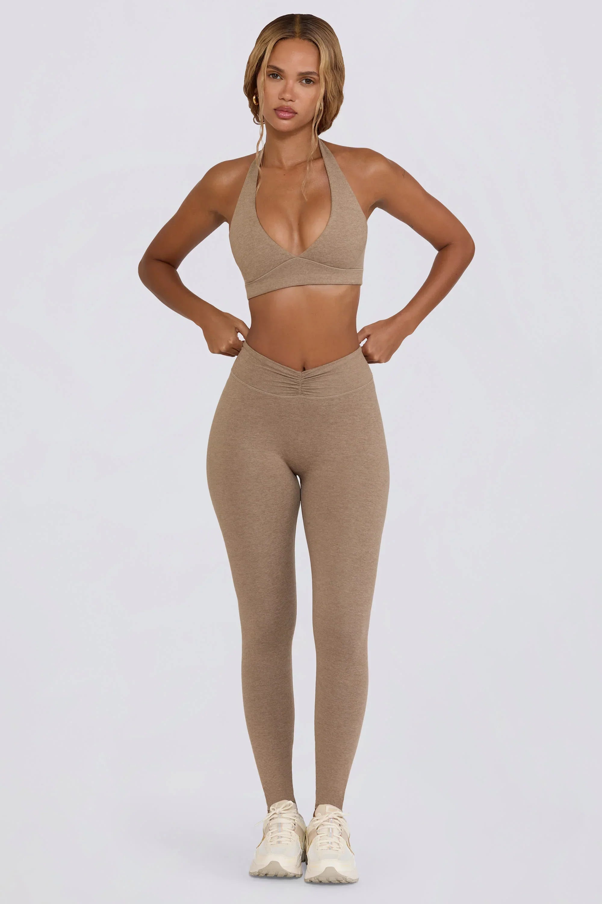 Brushed Jersey Ruched Mid Rise Leggings in Mocha Marl
