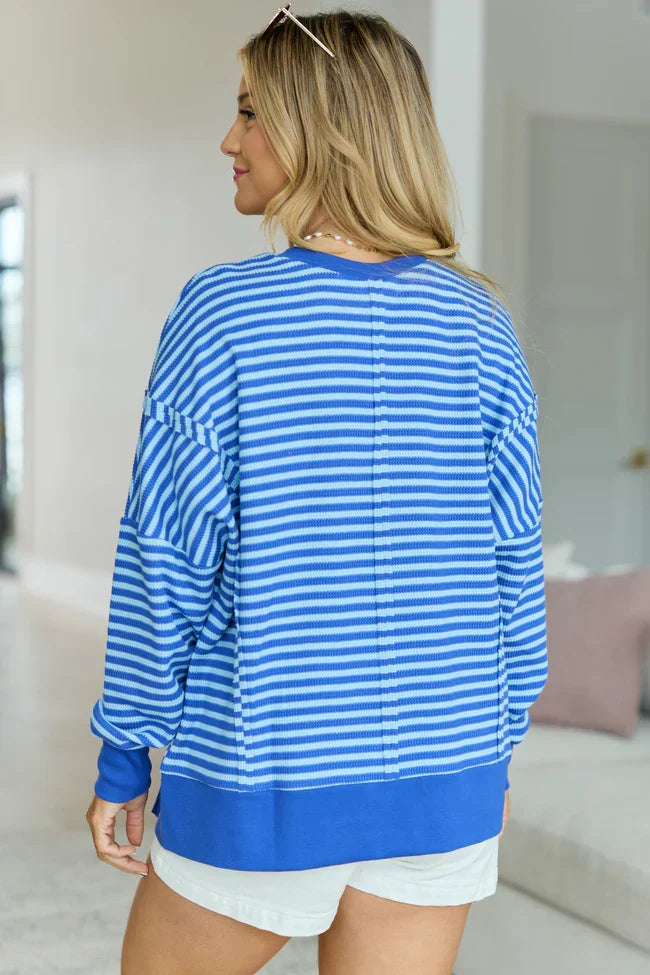 Kara Blue Stripe Waffle Pullover