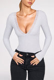 Ribbed Modal Long Sleeve Plunge Bodysuit in Grey