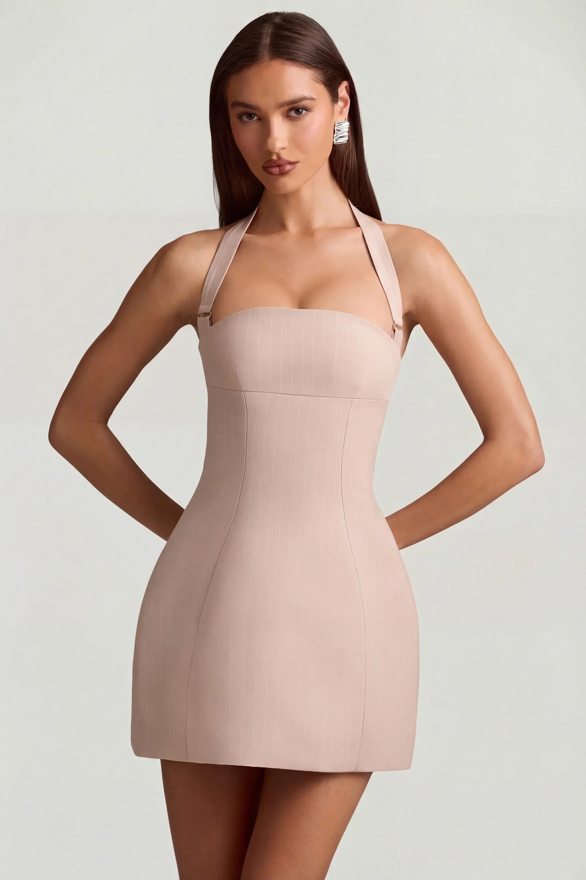 Pinstripe Halterneck Structured A Line Mini Dress in Mushroom