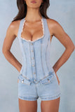 Button Down Halterneck Playsuit in Light Denim