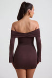 Modal Cashmere Blend Off Shoulder Ruched Mini Dress in Espresso