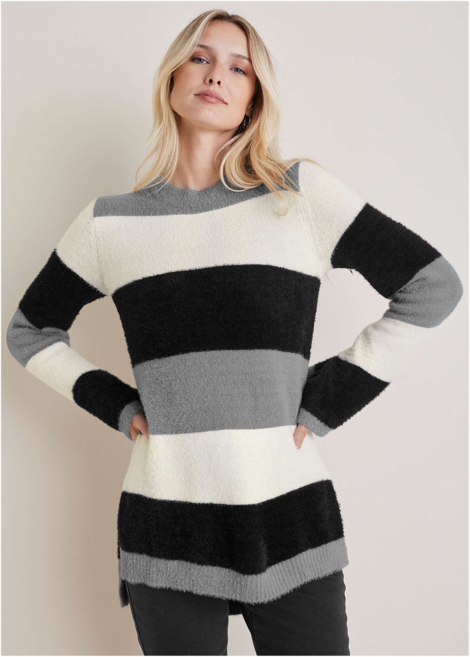 Eyelash Striped Sweater Black White