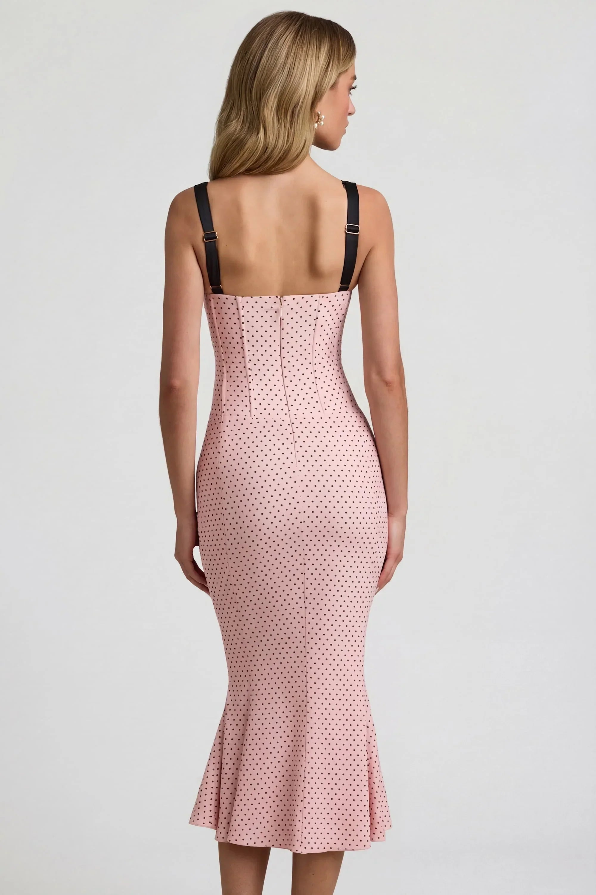 Layered Bra Detail Fishtail Midaxi Dress in Pink Polka Dot