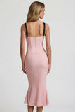 Layered Bra Detail Fishtail Midaxi Dress in Pink Polka Dot