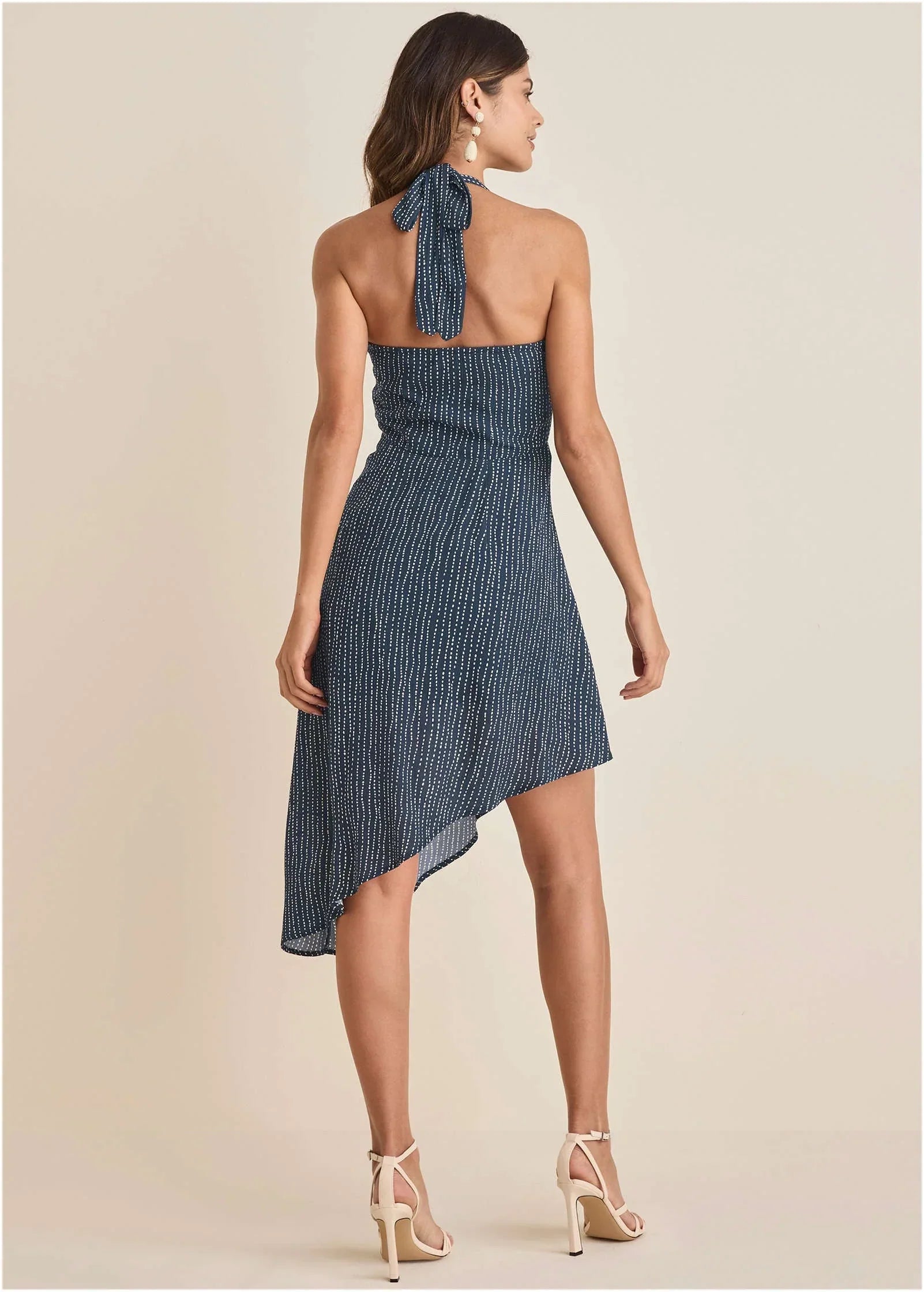 Halter High Low Dress Navy Dot Stripe