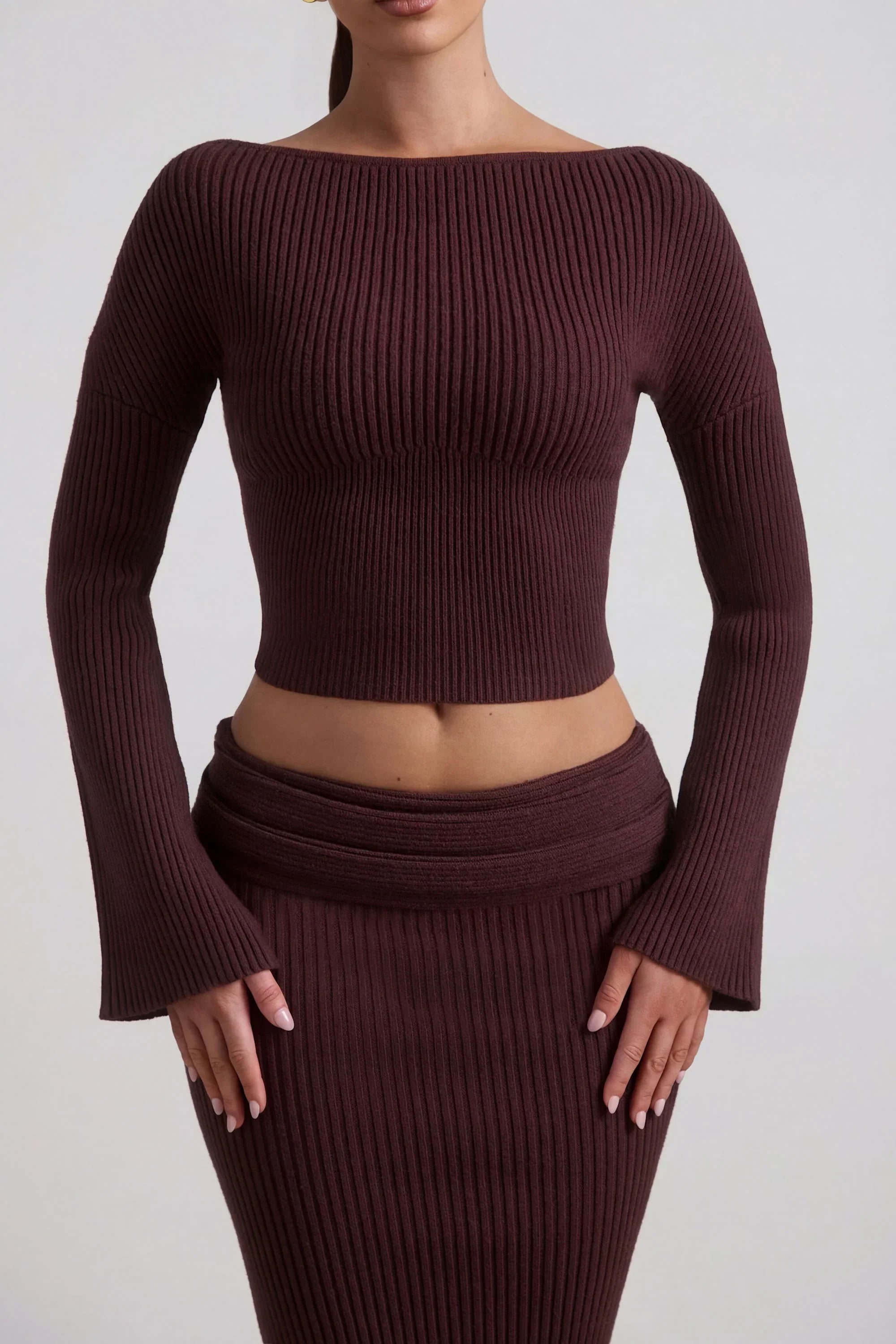 Ribbed Knit Slash Neck Top in Espresso