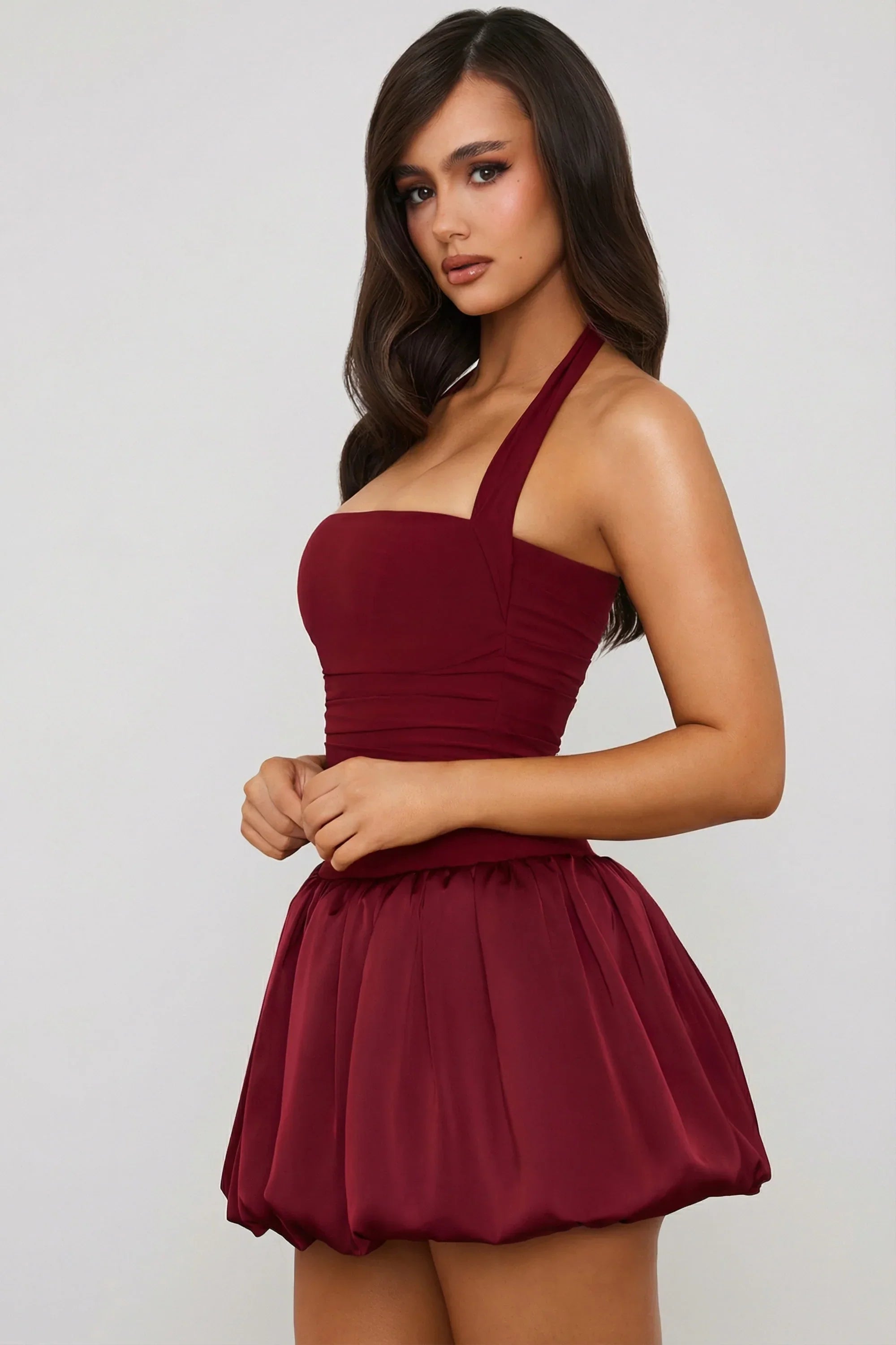 Halterneck Lace Up Bubble Hem Corset Micro Mini Dress in Berry Red