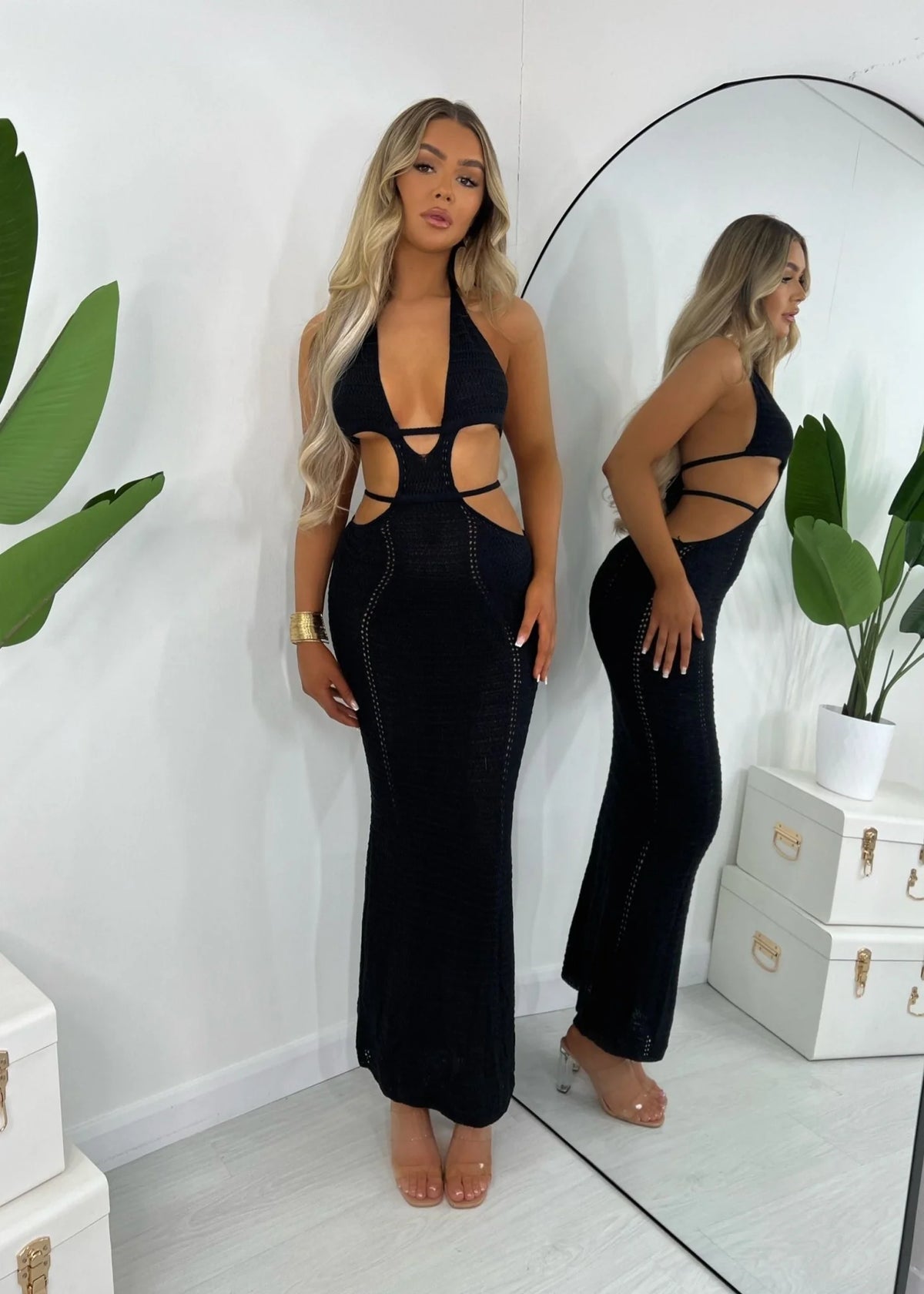 Bali Palms Crochet Maxi Dress Black