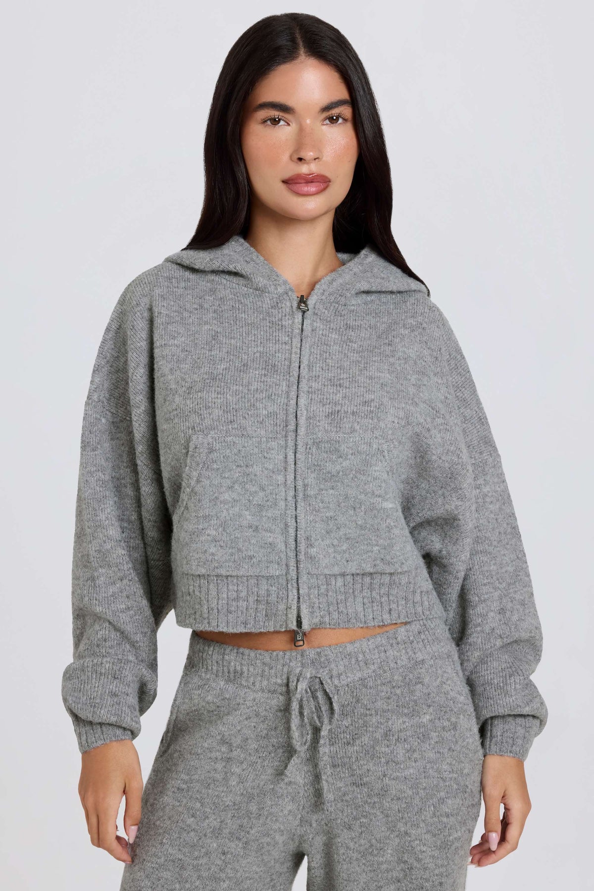 Soft Knit Zip Up Cropped Hoodie in Grey