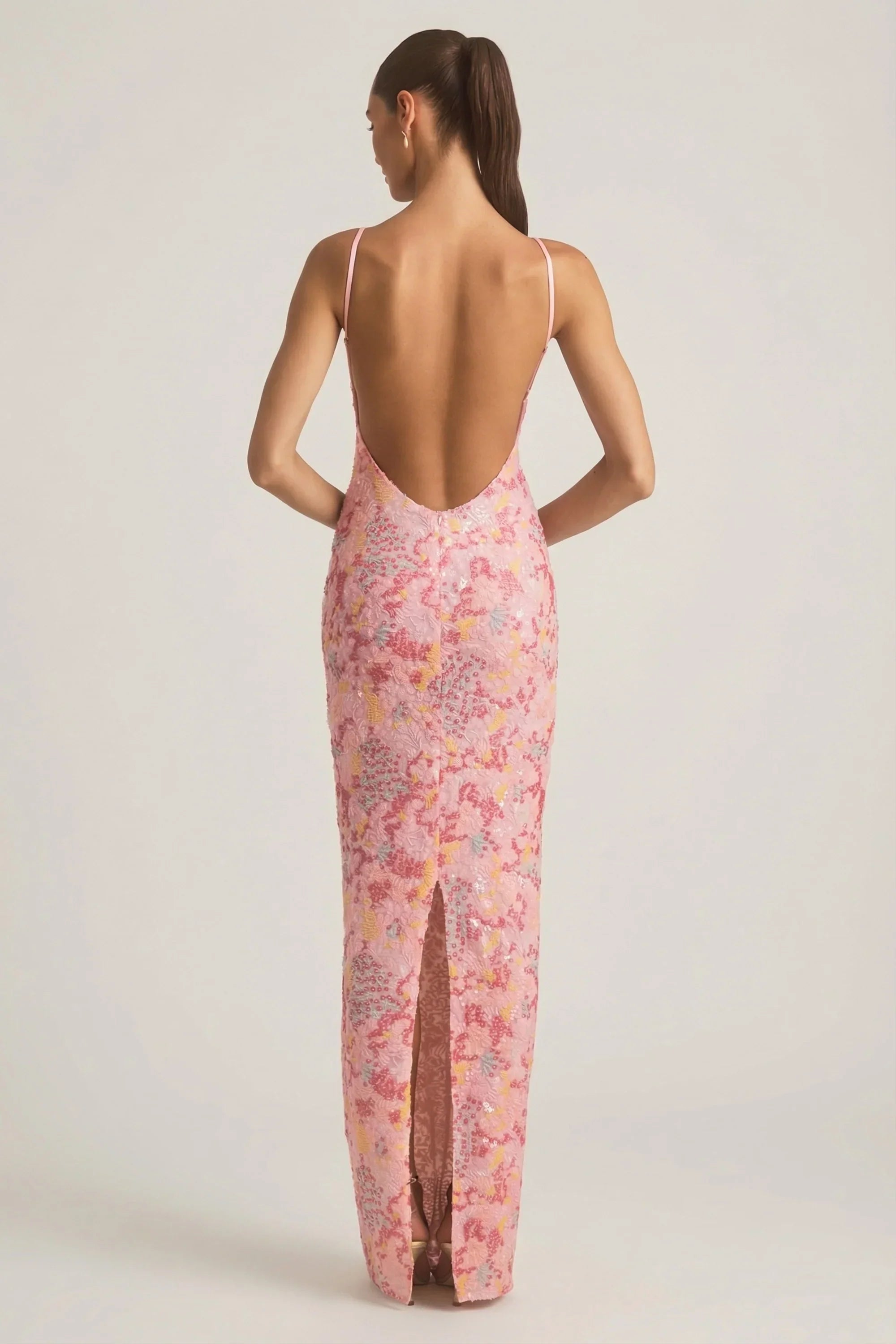 Embellished Scoop Neck Backless Maxi Dress in Pink