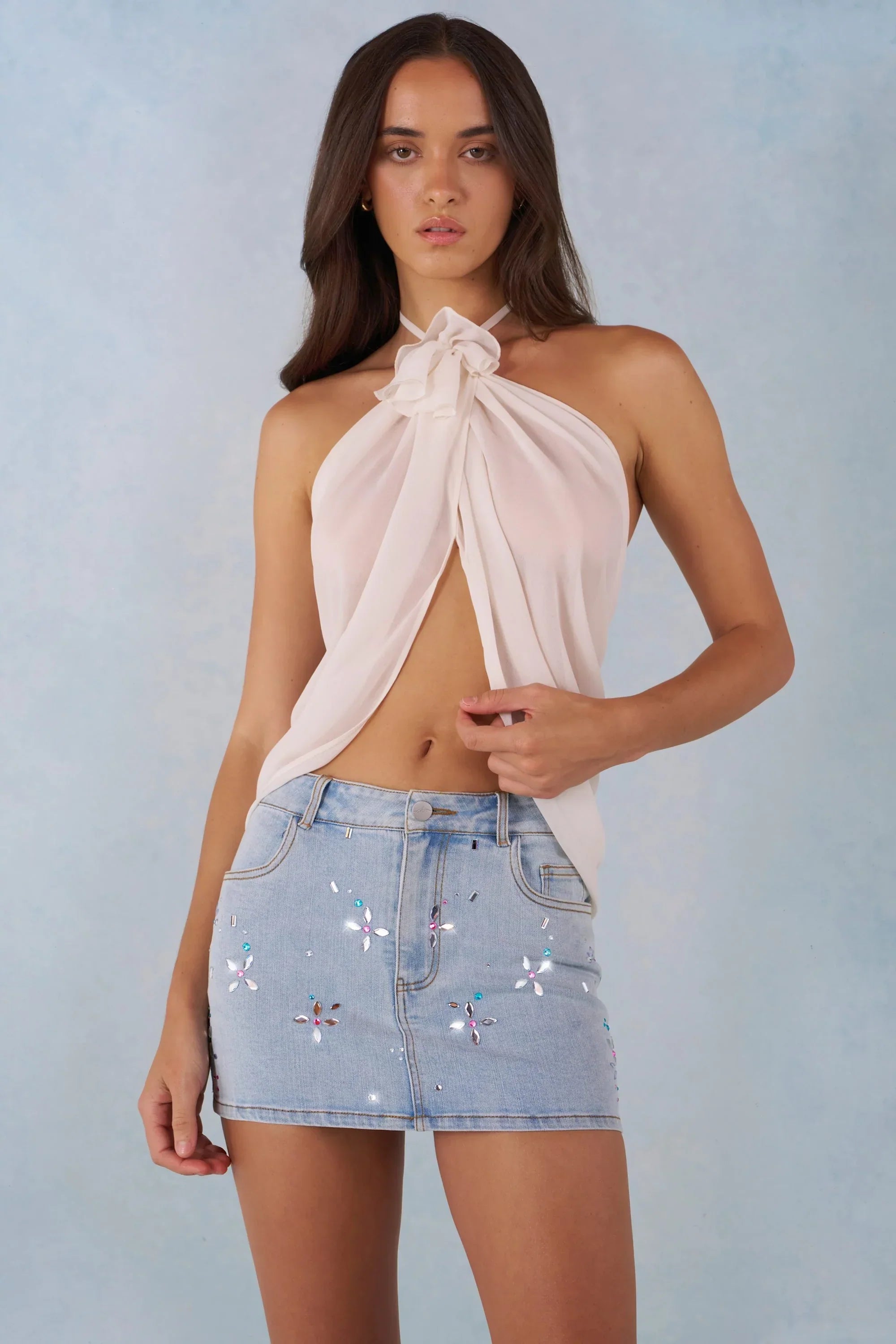 Halterneck Open Front Top in Ivory