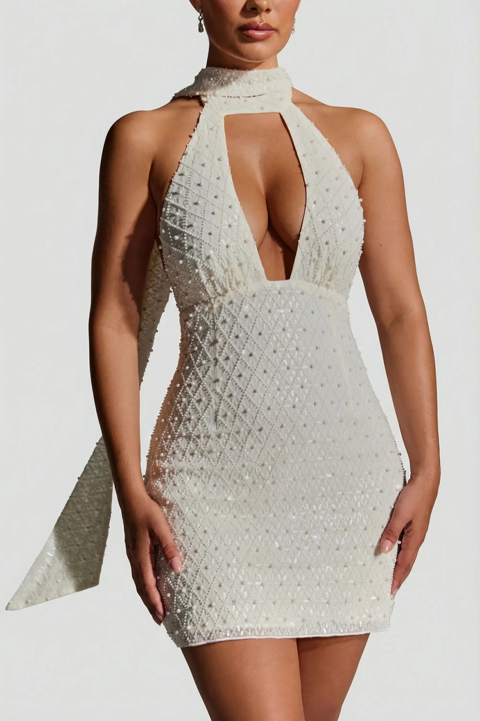 Embellished Scarf Detail Halterneck Mini Dress in White