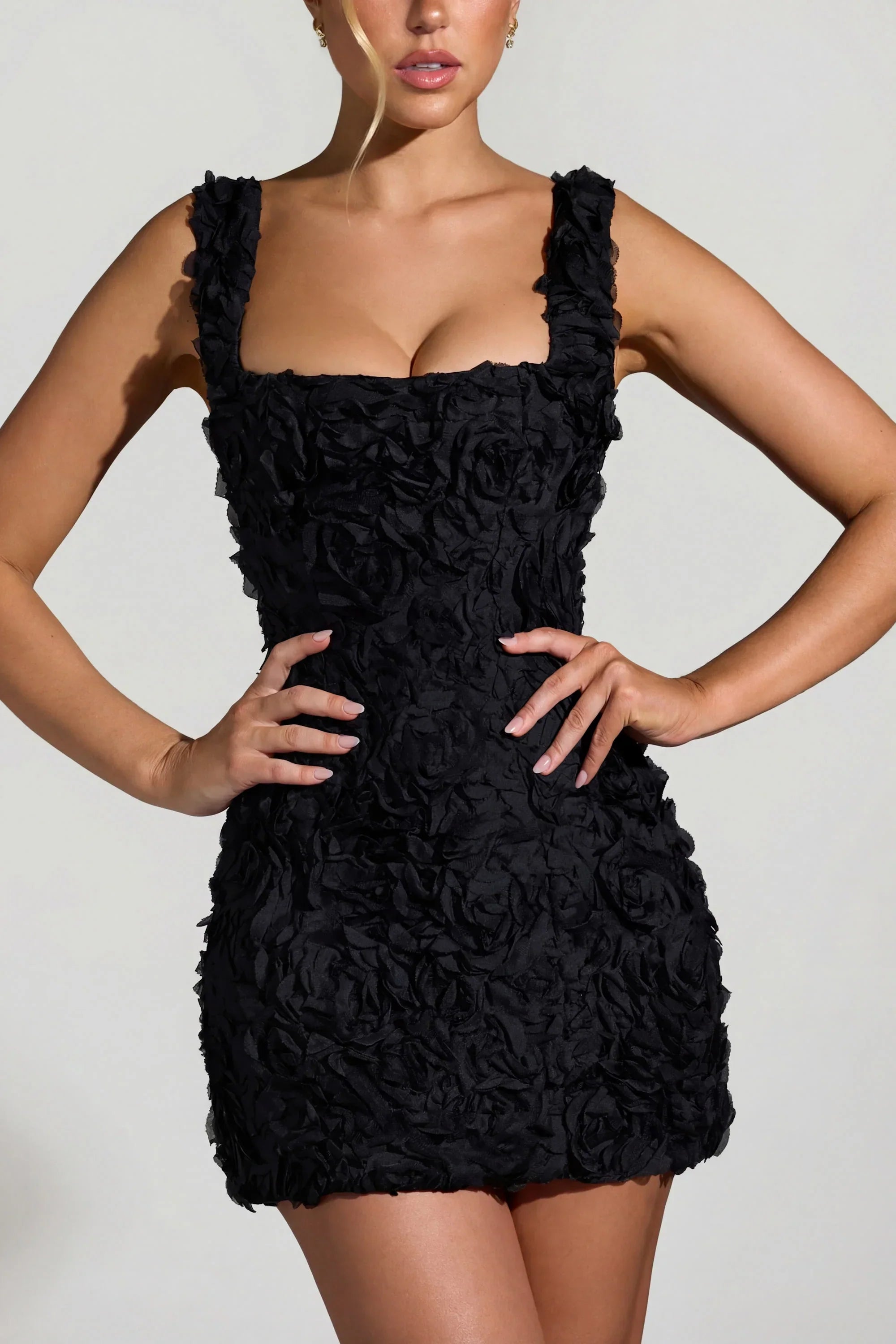Floral Appliqué Square Neck Corset Mini Dress in Black