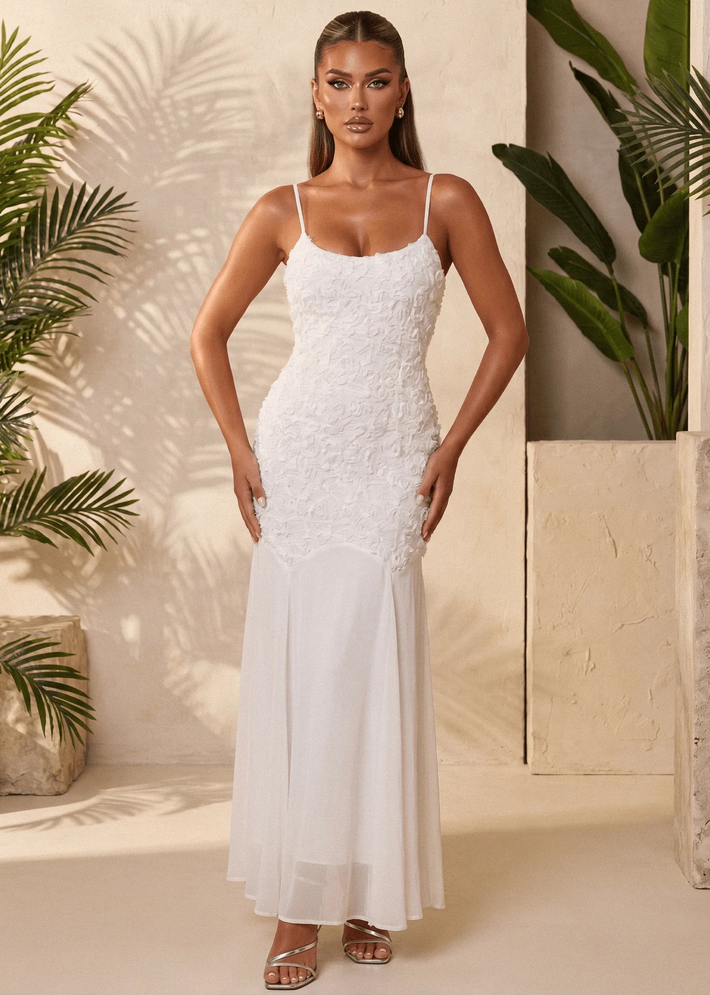 Forever Begins 3D Flower Maxi Dress White