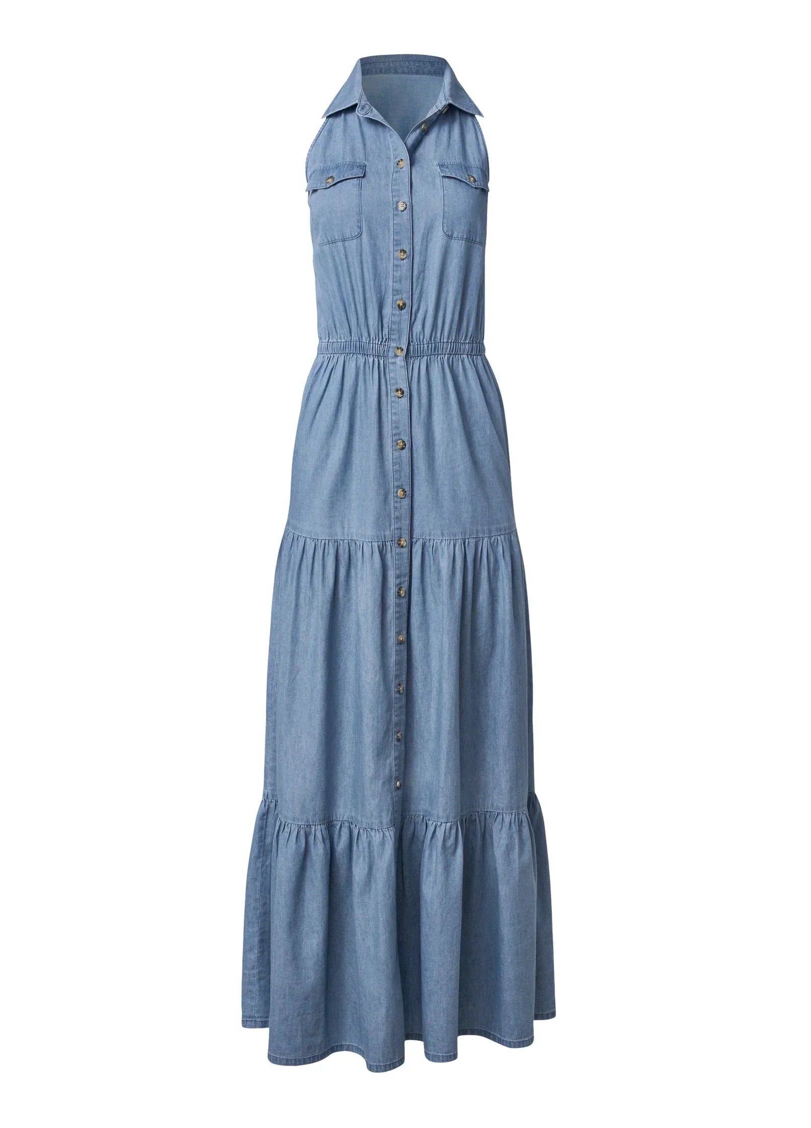 Chambray Tiered Maxi Dress Medium Wash
