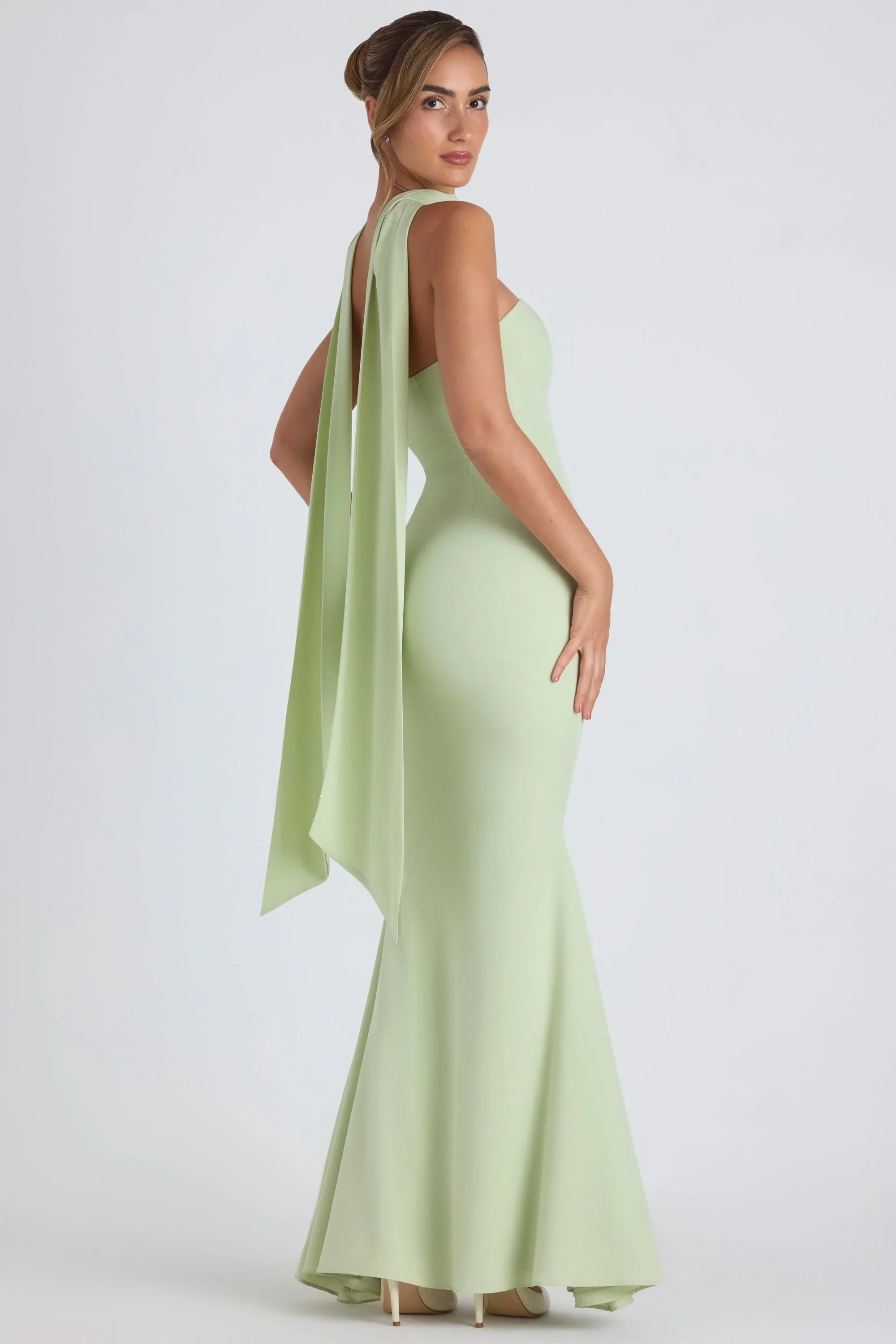 Scarf Detail Strapless Gown in Spring Green
