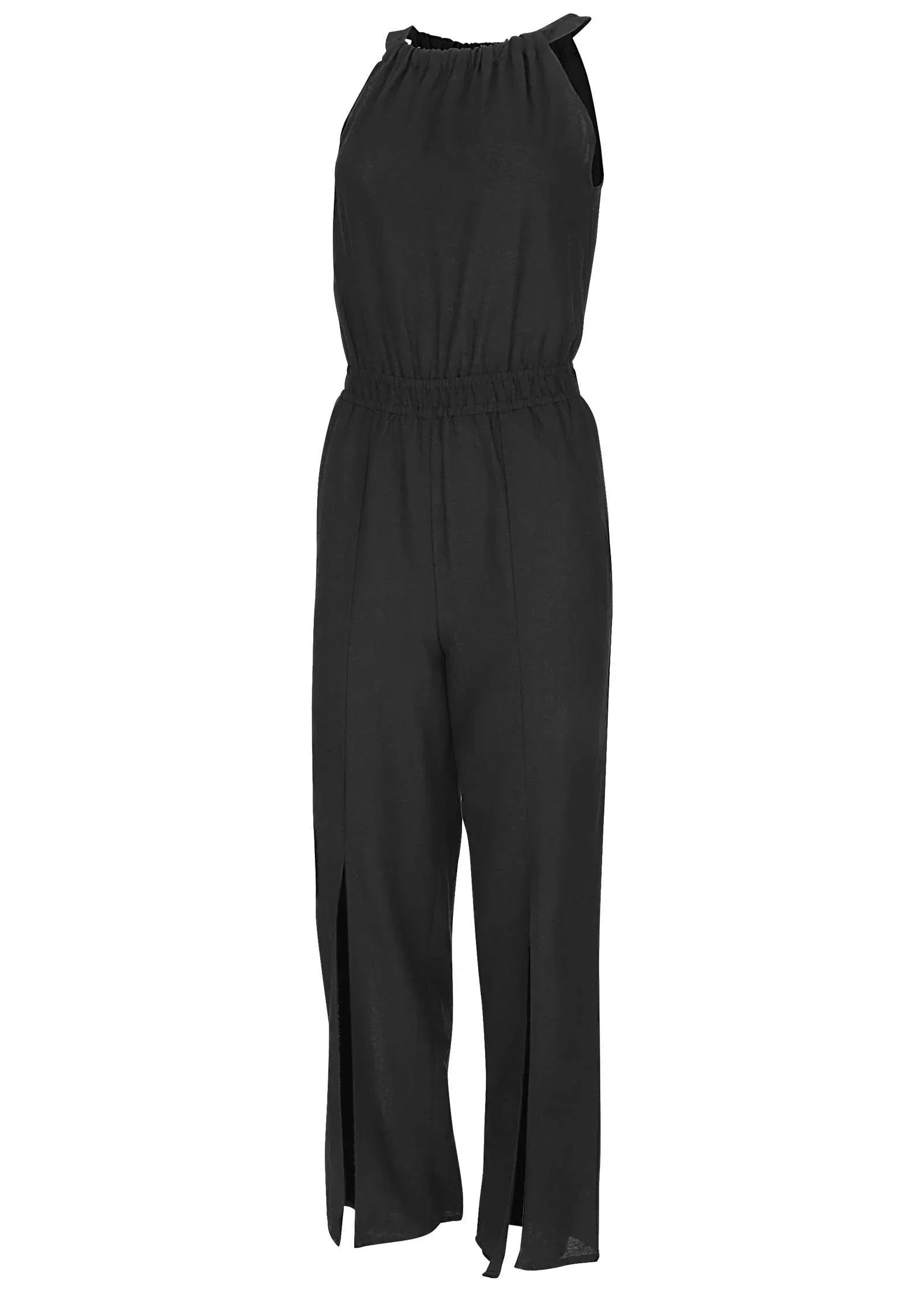 Linen Front Slit Jumpsuit Jet Black