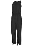 Linen Front Slit Jumpsuit Jet Black
