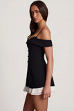 Off Shoulder Ruffle A Line Mini Dress in Black