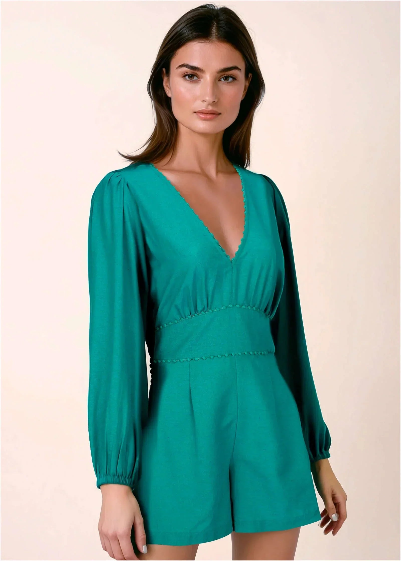 Linen Balloon Sleeve Romper Tropical Green
